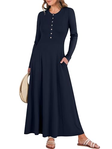ANRABESS Women's Long Sleeve Maxi Dress 2025 Fall Casual Button Fit & Flare A-Line Swing Flowy Long Dresses Trendy Outfits Navy Blue Large