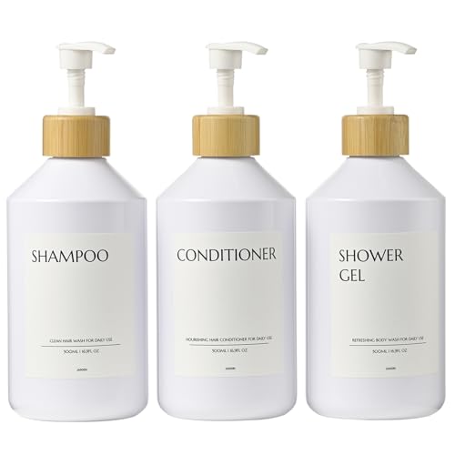 Janxin Lot de 3 Flacon Pompe Vide 500ml, Distributeur Savon Plastique, Distributeur Savon Salle de Bain, Distributeur Lessive Liquide, avec Étiquette...
