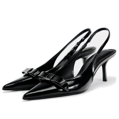 Patent Bow Slingback Kitten Heels for Women Closed Pointed Toe Dress Pumps Sexy Dressy Heeled Shoes Evening Party Prom Stiletto Heels Sandals