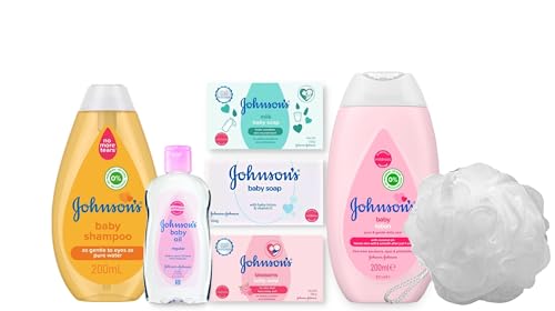 Image of Johnsons Baby Gift Set Bundle with Baby Bath Sponge, Relaxing Aromas, Baby Oil, Bath Shampoo, Lotion, Baby Bar Soap (Original, Blossom & Milk), Hypoallergenic & Paraben-Free, 7 Items in Bundle