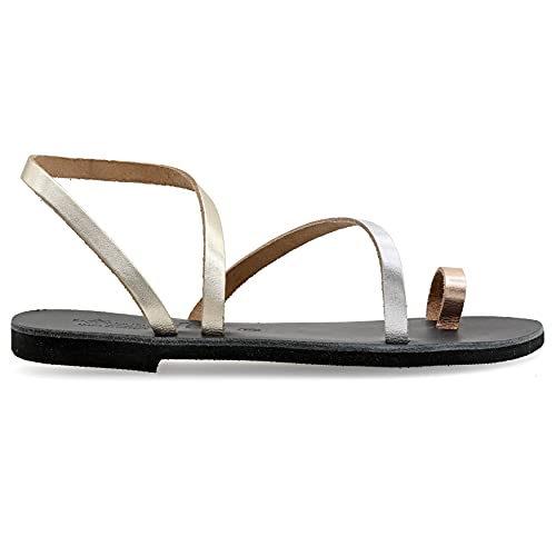 Image of Emmanuela Greek Leather Toe ring Sandals, Quality Handmade Slingback Summer Shoes, Ankle Cuff Strappy Sandals, Boho Chic Flat Sandals, Silver Rose Gold Snake animal print