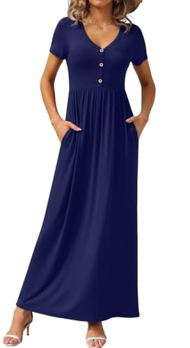Image of GRECERELLE Womens Summer Long Maxi Dresses 2026 Short Sleeve V Neck Casual Button Dress with Pockets