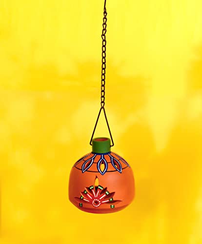 Image of AAKRITI ART CREATIONS Terracotta Handpainted Pink Matki Hanging Tea Light | Floral Art Handmade Hanging Decor | Matte Finish Terracotta Decorative Hanging Items for Home | Handpainted Decor