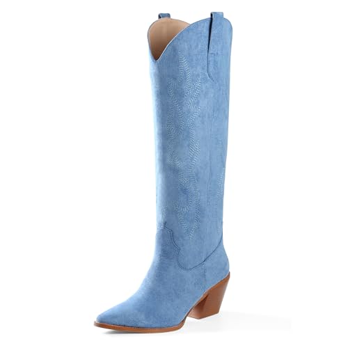 Image of iiimmu Cowgirl Boots Women Knee High Boots Pointed Toe and Block Heel Cowboy Suede and Faux Leather Boots with Embroidered