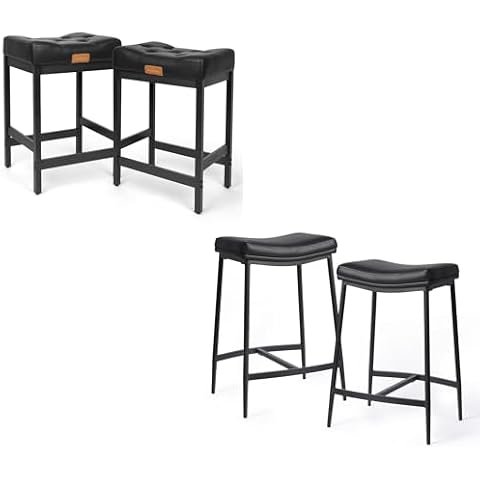 Arceisle 24.6" Bar Stools Set of 2 and 27" Double-Layer Bar Stools Set 2, Pu Leather Counter Height Bar Stools for Kitchen Island, Barstools Thickened Upholstered Seat, Black Cover