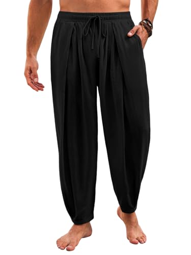 Runcati Mens Casual Harem Pants Drawstring Elastic Waist Cotton Cropped Trousers Yoga Beach Lightweight Pants