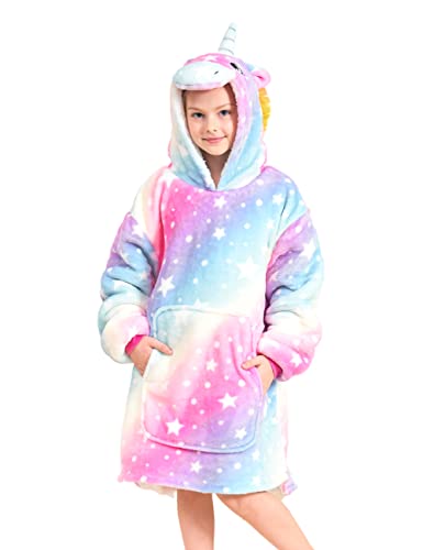 Ceruwum Unicorn Hoodies for Girls Unicorn Hooded Sweatshirt Oversized Hoodie Blanket for Kids (Light Rainbow 10-11 Years)