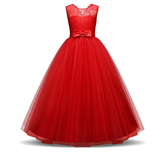 NNJXD Flickor, barn, spets, tyll, bröllopsklänning, prinsesskläder, första nattvarden, klänning, röd, 9-10 År