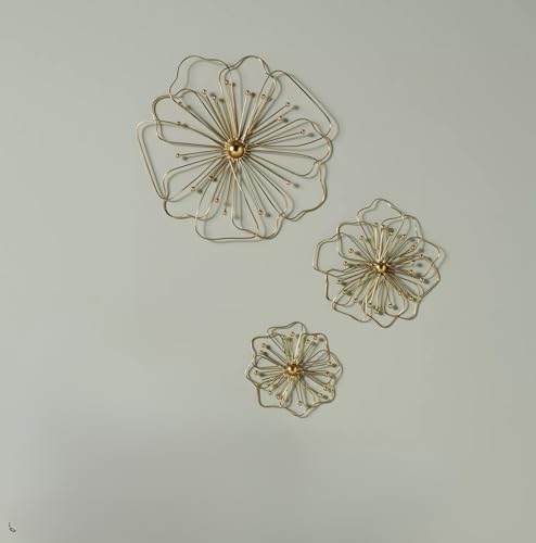Bee Creative Gold Metal Wall Decor Three Piece Wall Art Metal Flower Wall Decor Sculpture For Living Room Bedroom Elegant Floral Hanging Home Decor (CIRCLE-WALL ART SET 3)