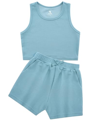 Image of Stelle Girls 2 Piece Outfits Tank Top and Shorts with Pockets 5-15 Years | Girls Ribbed Crop Tops,Scoop Neck,Sleeveless shirts,Elastic Waist Shorts,Bow Waist,Side Pockets