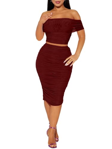 2 Piece Skirt Set Sexy Mesh Ruched Bodycon Tube Top Cocktail Part...