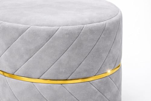 Image of Premium Velvet Puffy Ottoman Stool for Living Room | Round Footrest with Diagonal Channel Stitching & Gold Metal Base | Luxury Pouffe for Bedroom & Dressing Area (Set of 2 Light Grey)