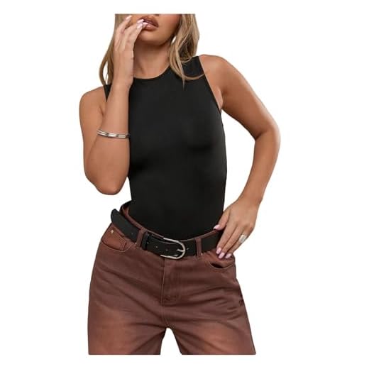 SOLY HUX Body feminino sem mangas com gola redonda, collant básico justo, Preto liso, M