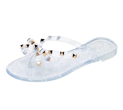 Image of Studded Jelly Shoes for Womens Bow Flip Flops Jellies Sandals Flat Black Summer Beach Thong with Rivets Strappy Slides Slip On