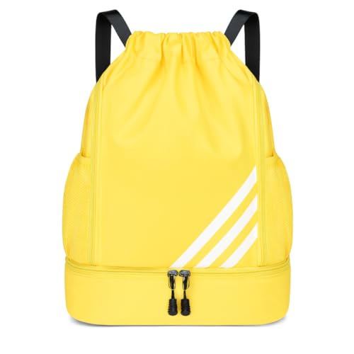 Mochila Esportiva com Cordão Espaçosa Bolsa 4 Bolsos Ideal para Esportes Chuteira Bolas Academia Material Impermeável Separação Roupas Secas e Molhadas Unissex (Amarela)