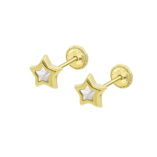 TIME ROAD Pendientes Bebé Niña de Oro 9K LG00031/5 - Cierre Seguro de Rosca - Pendientes de Estrella 5 mm - Infantil 3, 6, 12 a 24 meses - Ideal como Regalo de Nacimiento, Bautizo o Cumpleaños