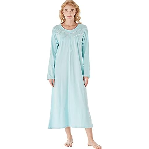 Keyocean Women Nightgown, Soft Cotton Long Sleeves Lightweight Comfy Ladies Sleeping-Gown, Turquoise, X-Large Cover