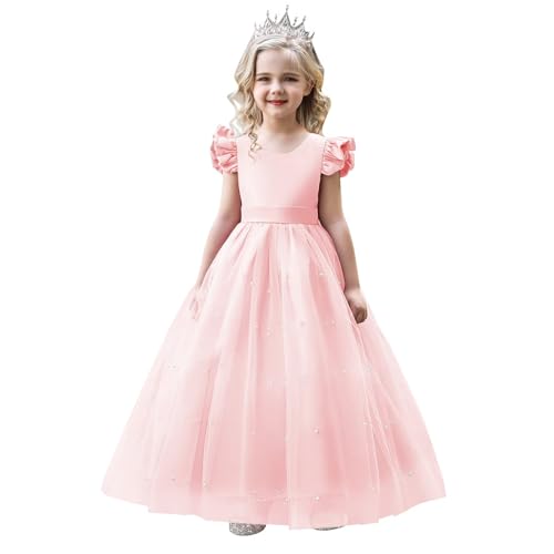Girl Formal V-Back Satin Flower Girl Dress Girls Dresses for Wedding Flying Sleeve Pearls Tulle Girls Prom Ball Gown Princess Dresses Blush Pink