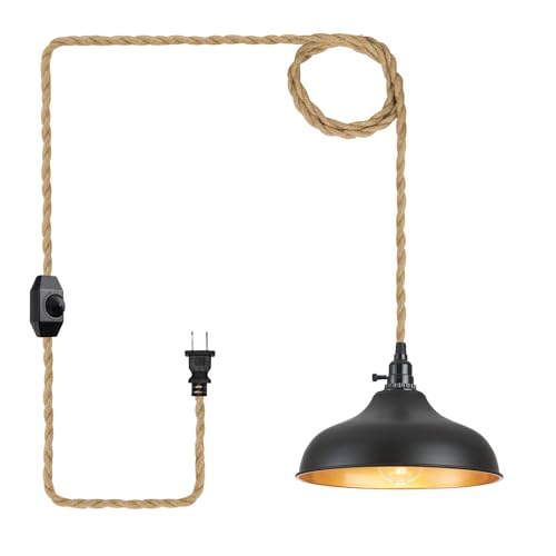 Image of Plug in Pendant Lights Dome Hanging Lamp with Dimmable Switch 15 Ft Long Hemp Rope Farmhouse Pndant Light Cord Lighting Fixture DIY Hanging Light