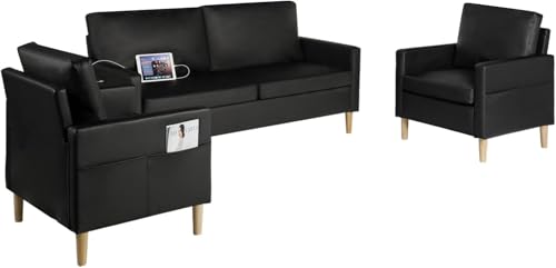 AILEEKISS Mid-Century Sectional Sofa Sets 3 Pieces Faux Leather Loveseat Couches with 2 USB Living Room Furniture Accent Arm Chairs for Small Space, Apartment, Office (1-Seater+1-Seater+3-Seater)