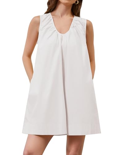 Image of OLAPTA Women Summer Sleeveless Babydoll Mini Tank Dresses Loose Fit Scoop Neck Ruched Short Dress with Pockets Party Clubwear