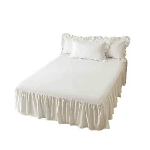 ZRHWSPD Falda de Cama Falda de Cama de Color sólido con Volantes de Encaje, 1 Pieza, Funda for Cama de Dormitorio, Funda de colchón Antideslizante, sábana, Colcha(White,180x200cm)