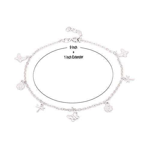 Sterling Silver Jewelry - Rhodium Plated 925 Stamp - Dangling Multi-Charm Anklet - Foot Jewelry Stylish Beautifully Designed - 9" Long + 1" Extender4
