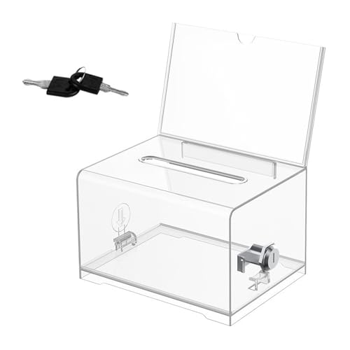 Caja de donaciones con cerradura, recomendada, de acrílico transparente, urna transparente con cerradura y etiqueta adhesiva, para tarjetas de presentación, votaciones y concursos.