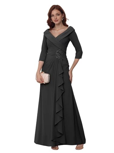 Chiffon Mother of The Bride Dresses for Wedding 3/4 Sleeves Long Ruched Applique Formal Evening Dress JH025