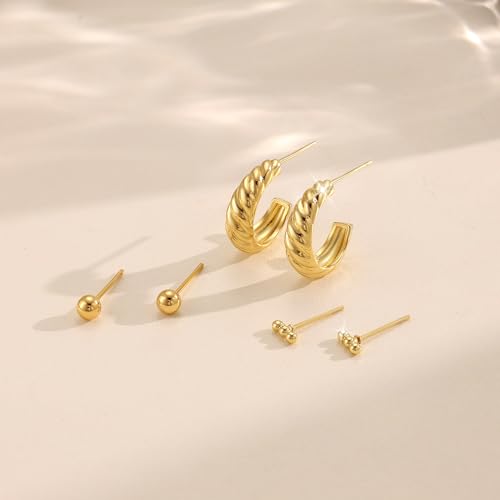 Image of Freekiss 3 Pairs Gold Hoop Earrings Set: Dainty Stud Earrings Trendy Small 14K Gold Plated Hypoallergenic Dangle Cartilage Huggie Hoop Earrings for Women Gold Jewelry for Women Gifts