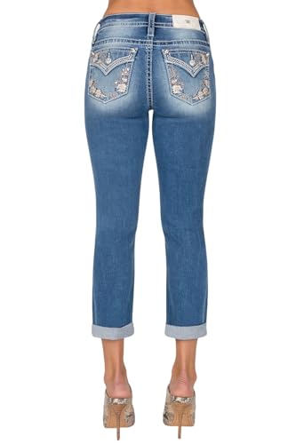 Miss Me Women's Mid Rise Capri Jeans, Faux Flap Pockets with Floral Embroidery, Cropped Stretch Denim Pants