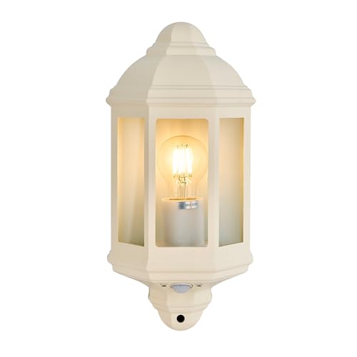 Lexi Lighting Avara Outdoor Wall Sconce with Sensor, E27 Bulb Base, Exterior Beige Finish Aluminum Frame with Clear Glass Shade, IP54 Waterproof Porch Lights for Patio Front Door Garage