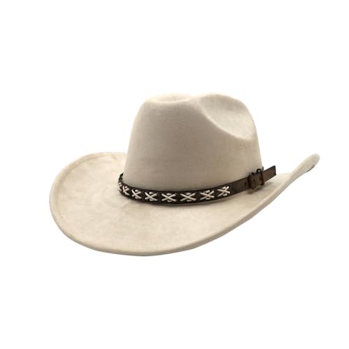 Image of Western Suede Cowboy Hat for Women Men Wide Brim Classic Cowboy Cowgirl Hat with Buckle Belt Felt Fedora Hat