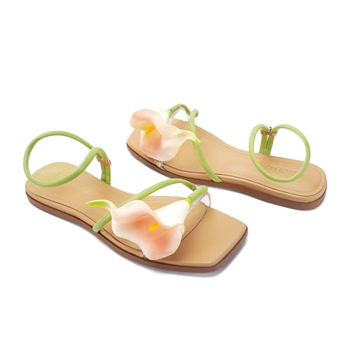 Image of LACIKOSZ Flower Kitten Heel Sandals for Women Calla Lily Green Heels Square Open Toe Floral Strappy Low Heel Sandals Summer Dressy Wedding Shoes
