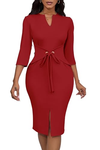 FANDEE Women's Vintage Dresses 3/4 Sleeve V-Neck Bodycon Pencil Midi Work Church Dress with Belt