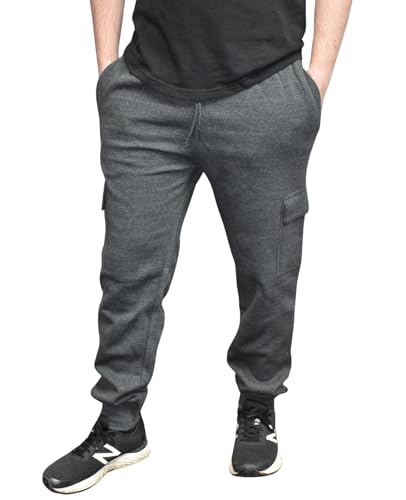 True Face Mens Trouser Fleece Sweatpants Cargo Combat Joggers Multi Pockets Elasticated Ribbed Sports Running Fitness Gym Jogging Bottoms Charcoal Ribbed S