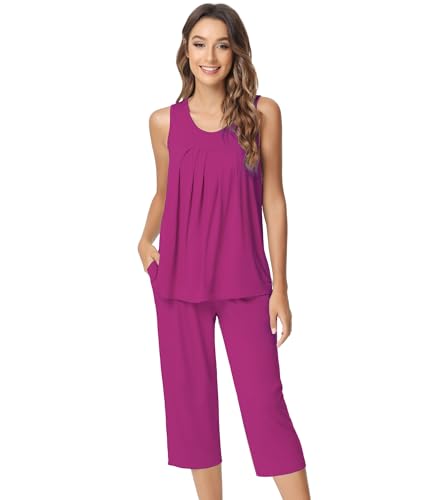 Image of NACHILA Pajamas for Women-Viscose Made from Bamboo, Sleeveless Pjs Tank Top Capri Pants Pajama Sets Cooling Sleepwear