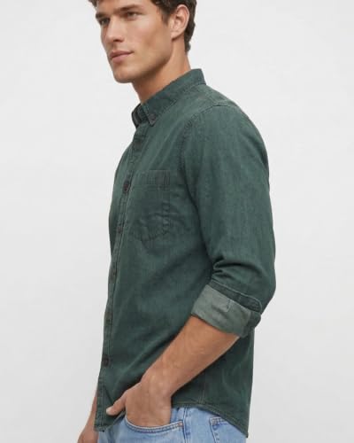 Image of Amazon Brand - INKAST Men Washed Cotton Twill Denim Casual Button Down Shirt | Full Sleeves | Regular Fit | Stylish Summer - Everyday Wear