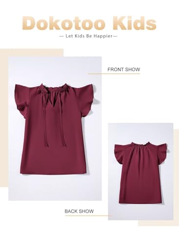 Image of DOKOTOO KIDS Girls Short Sleeve Blouse Dress Shirt Top Size 7-15 Years Old | None Elastic Fabric, Ruffle V Neck, Pull on, Solid Collared Formal, Flowy Casual Flutter Spring Summer Western Top