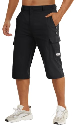 TACVASEN 3/4 Shorts Men Cargo Hiking Walking Shorts Waterproof Tactical Zip Pockets Shorts Three Quarter Length Trousers Capri Stretchy Pants Black