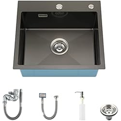 Fregadero Retro KORVO Fregadero Cocina 50×45cm - Fregadero Empotrado Cocinade un solo seno de acero inoxidable nano negro bronce de cañón Sobre Encimera de 1,0 mm