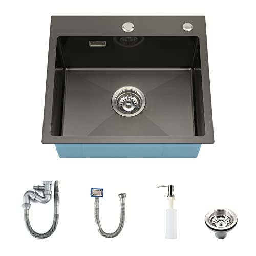 KORVO Évier Cuisine 1 Bac 50 × 45 cm Évier Inox 304 Montage à Montage sur le dessus Encastrer ou à Évier de cuisine en acier inoxydable Nano Noir
