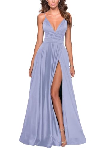 Image of Tvuyet Satin Bridesmaid Dresses with Slit Pleated A Line Spaghetti Straps Formal Prom Evening Gowns