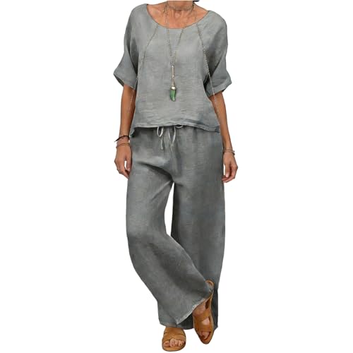 Ensemble 2 pièces en lin pour femme avec haut et pantalon d'été grande taille