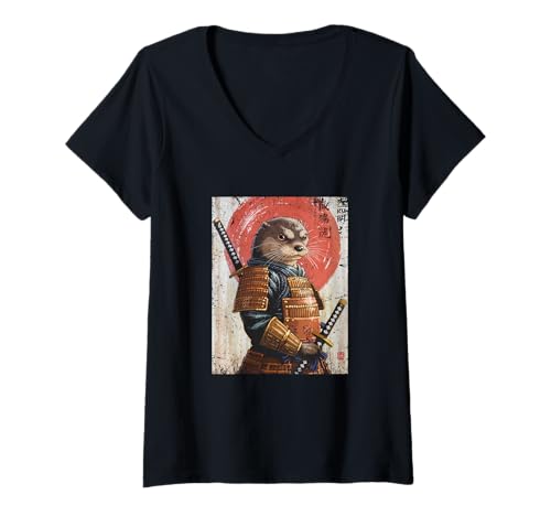 Mujer Samurai Otter Vintage Ukiyo-e Warrior Art Arte de nutria japonesa Camiseta Cuello V