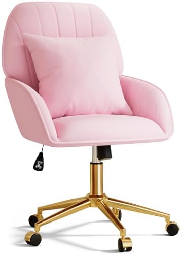Pink Velvet Desk Chair with Pillow, Upholstered Home Office Desk ...