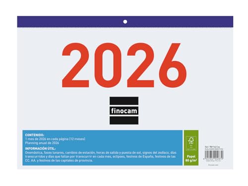 Finocam - Calendario de Pared Números Grandes 2026 Mes Vista Enero - Diciembre (12 meses) | Calendario 2026 | Planificador mensual | Faldilla 2026 - Español