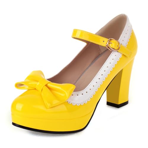 Image of Mary Jane Shoes for Women Bow Lolita Shoes Kawaii Platform High Heels Dress Pumps Yellow