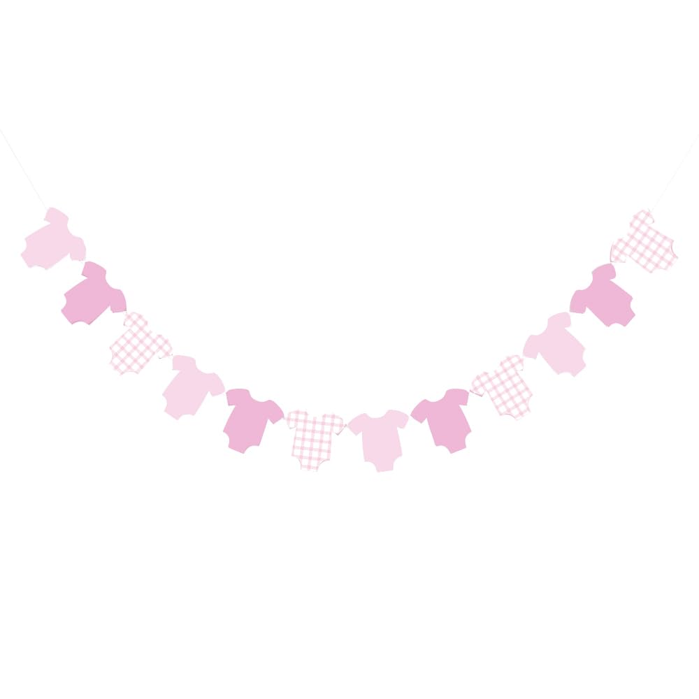 Pink Gingham Bodysuit Banner for Baby Shower Decorations, 12 Pieces Pink Baby Clothes Garland for Gender Reveal Neutral Party Supplies