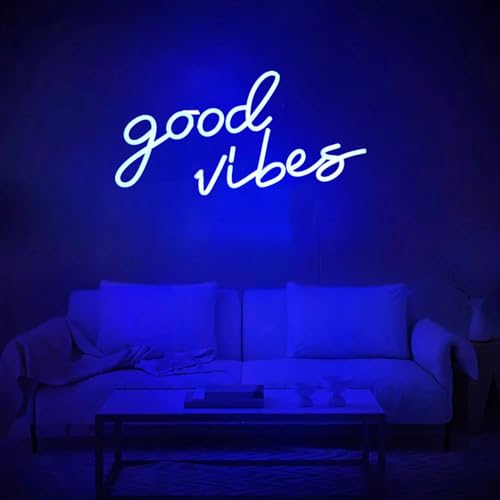 Image of Large Blue Neon Good Vibes Signs LED Dimmable USB Powered Cood Vibes Banner Decorative Night Lights Neon Lamps for Bedroom Living Room Apartment Bar Wedding Party Wall Background Decor Art, 16.5x8IN